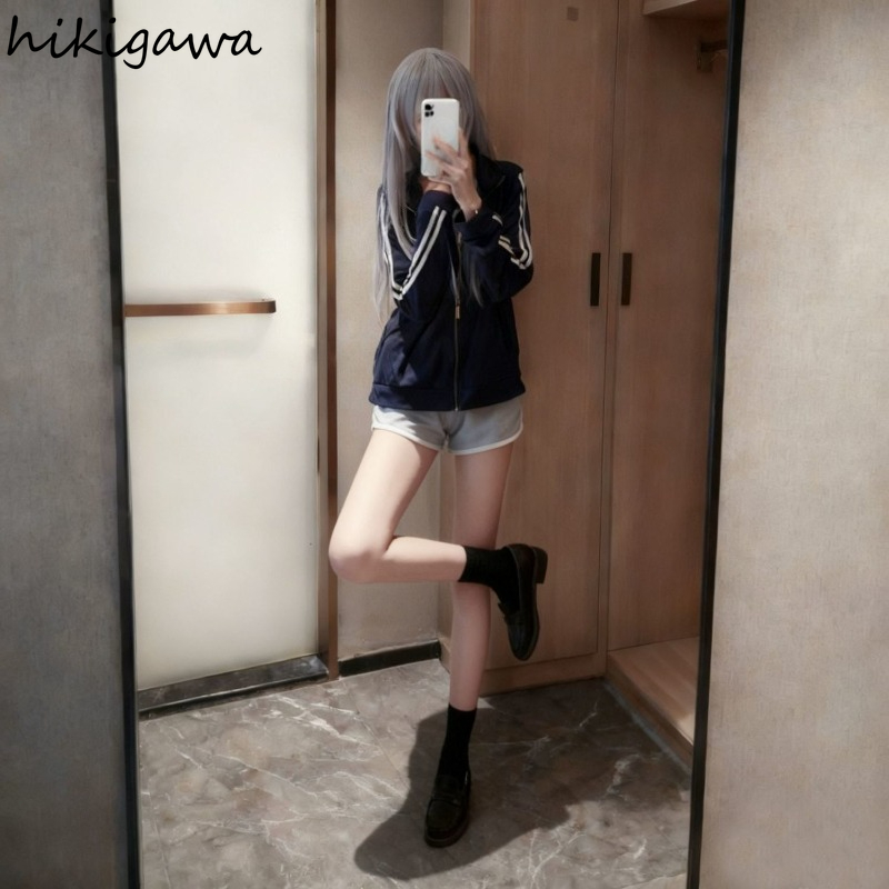 Vestes de style preppy pour femmes, col montant, fermeture éclair, manches longues, coupe ample, style japonais Y2K, hauts décontractés, manteaux tendance, Ropa Mujer