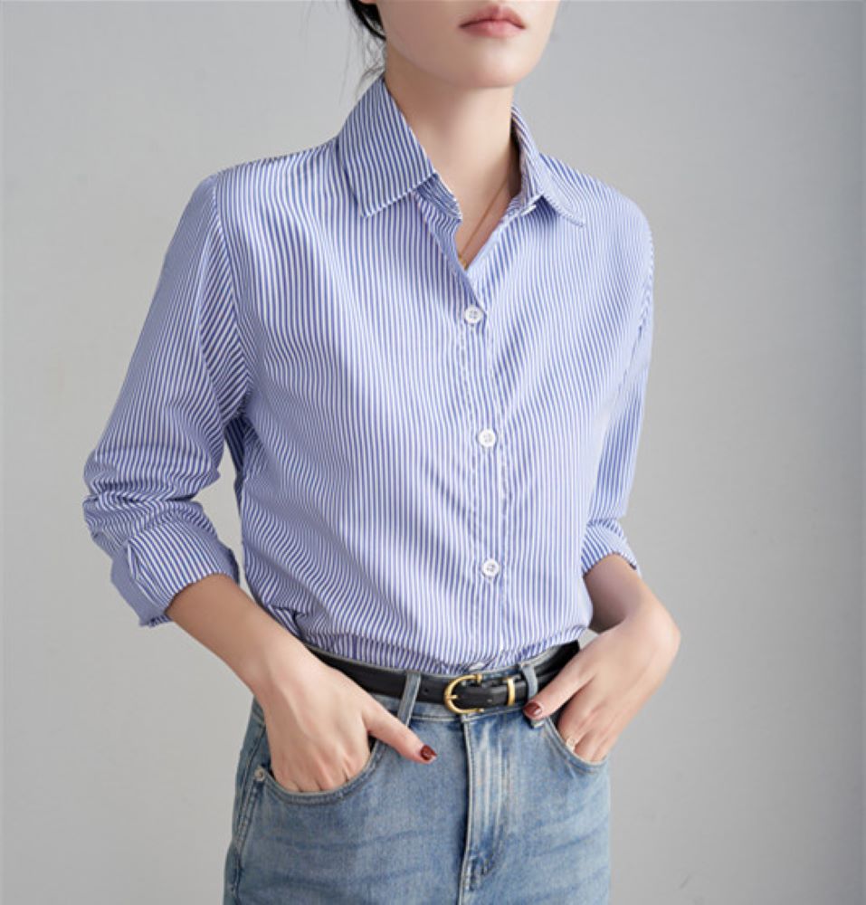 Chemise à rayures bleues pour femmes, ample, décontractée, manches longues, vêtements à la mode pour dames, vêtements de bureau, printemps automne