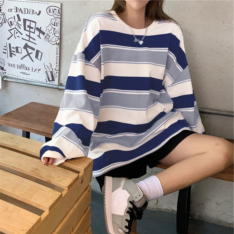 T-shirt décontracté à manches longues pour femmes, pull à col rond, impression à rayures, mode automne, vêtements pour femmes