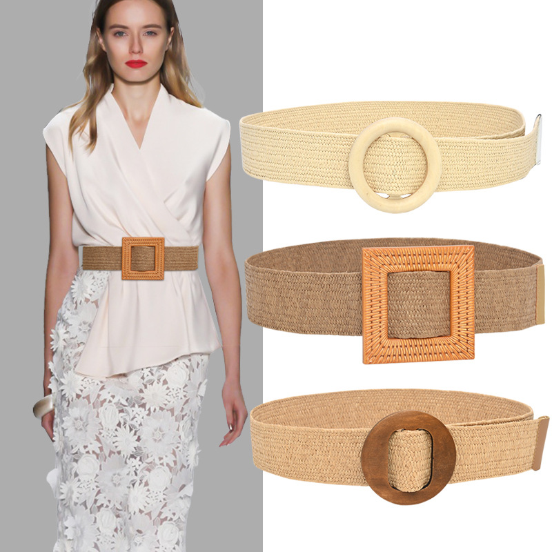 Ceinture de taille tressée Vintage pour femmes, style Boho, rond, carré, léopard, boucle en bois, fausse paille, large, offre spéciale