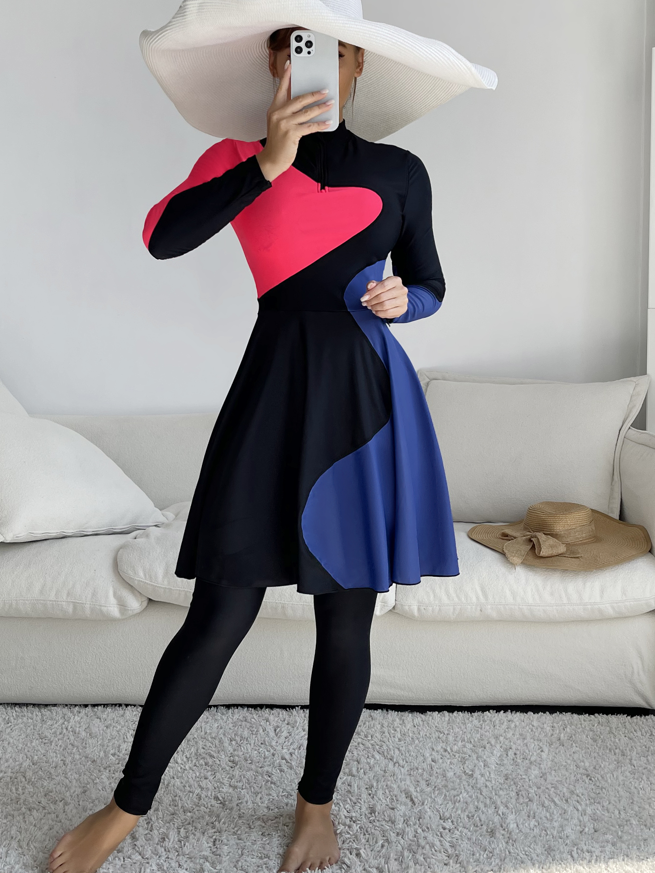 Burkini patchwork bleu et rouge pour femme musulmane, robe longue et culotte, maillots de bain à couverture complète, nouveaux maillots de bain modestes, 2 pièces