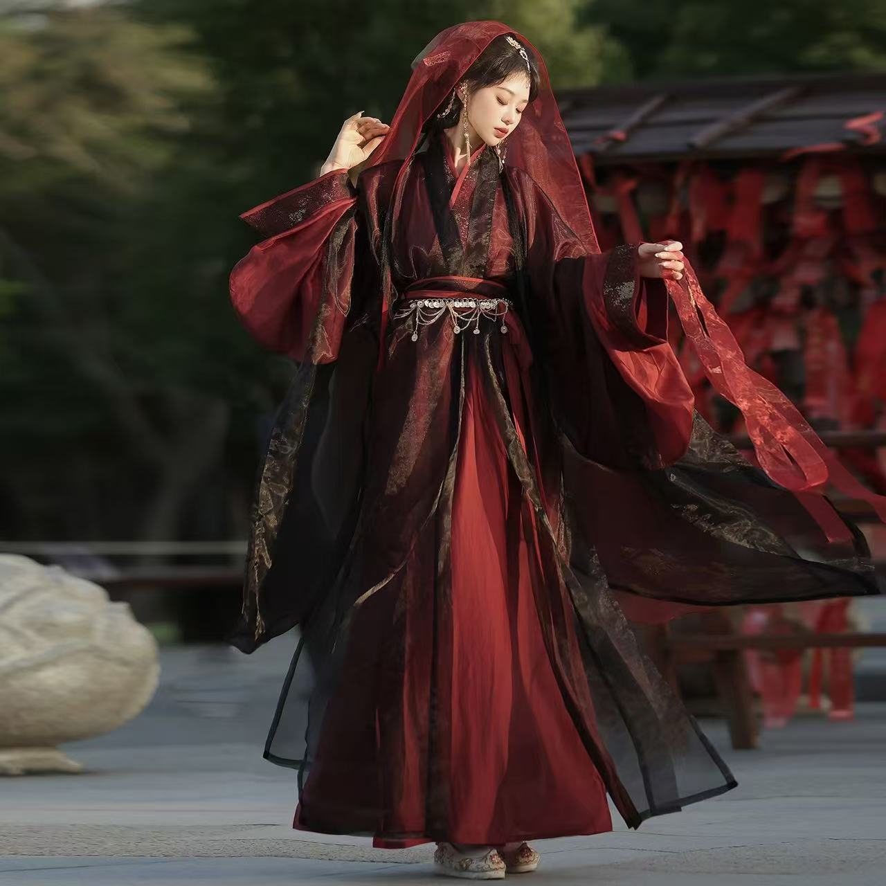Robe longue traditionnelle Hanfu pour femmes, période de guerrier pré-ancienne, noire et rouge, classique, soldat Mulan, vêtements de Cosplay pour Halloween