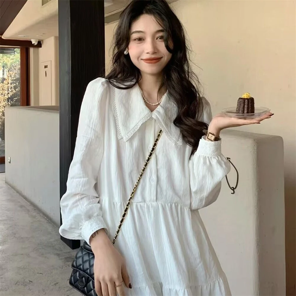 Mode coréenne Simple étudiant robe blanche robe mi-longue femmes doux ample à volants Style français décontracté vacances lanterne manches doux