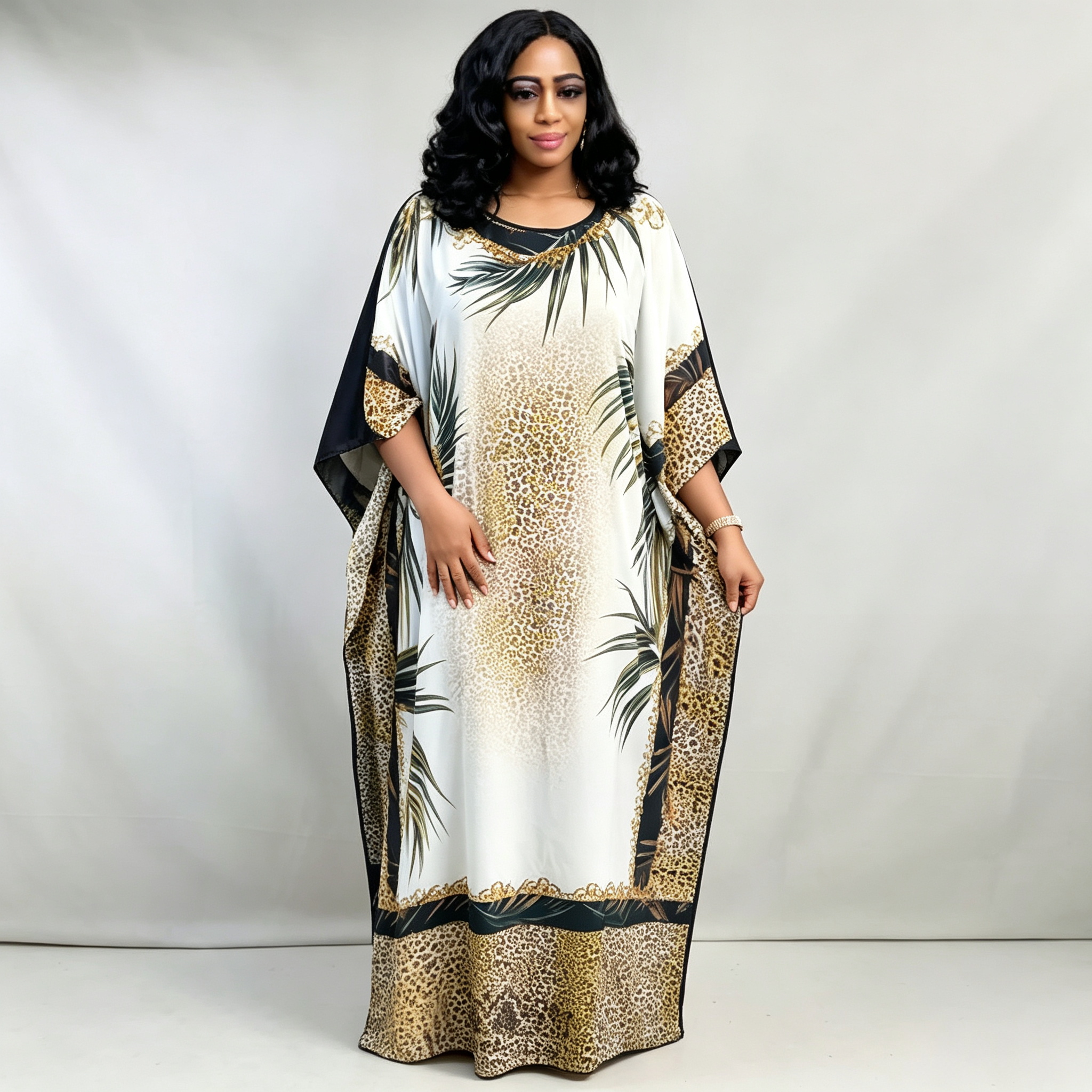 Robe Kaftan Africaine pour Femme, Imprimé Léopard Blanc et Palmiers, Abaya Ample Droite, Robe Longue Maxi Noire Pure, Grande Taille, Robe Longue Musulmane