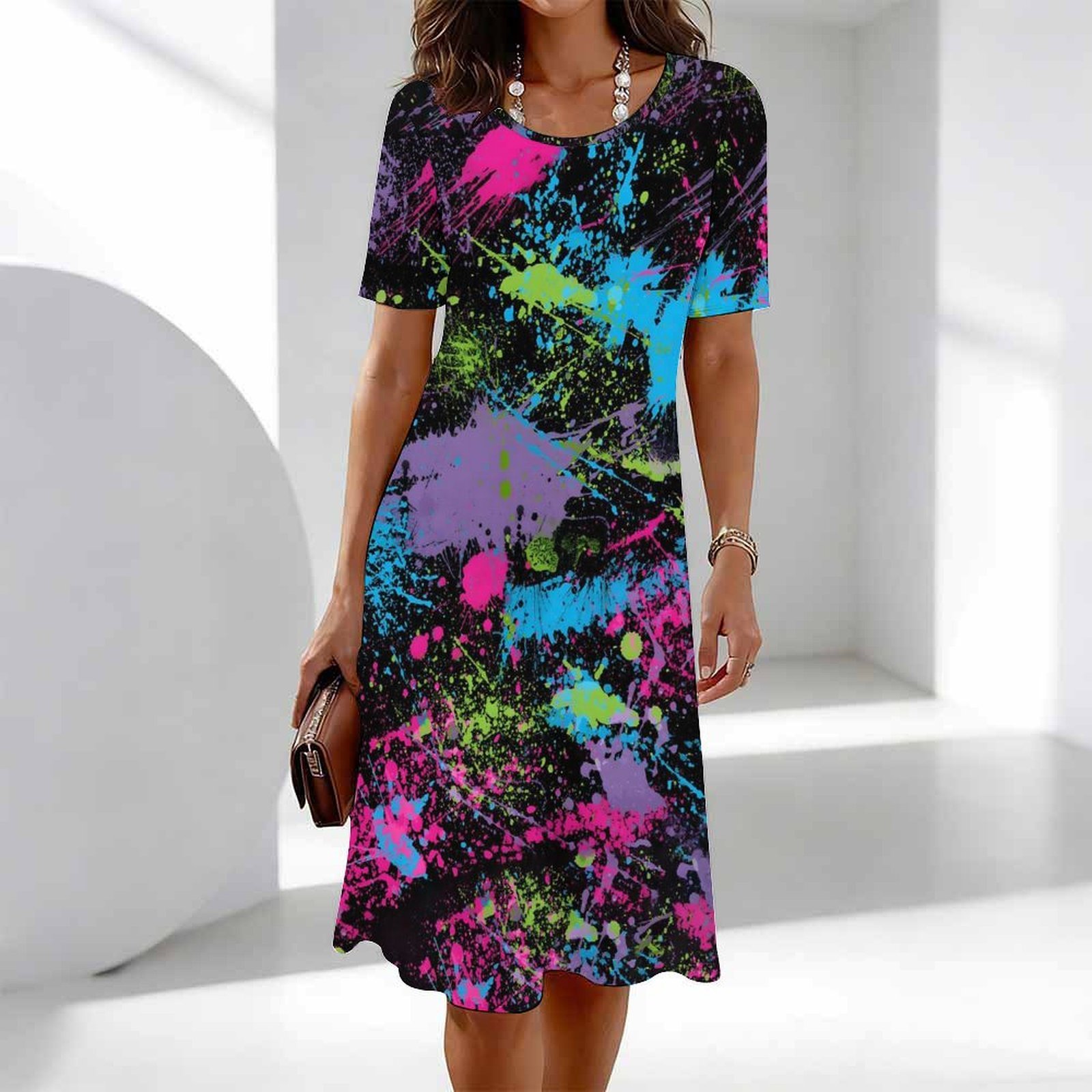 Robe midi classique pour femme à imprimé léopard, manches courtes, col rond, coupe ample, décontractée, style A, pour tous les jours