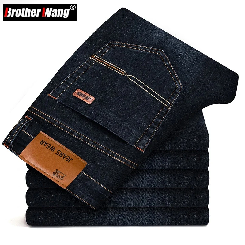 Jean d'affaires pour hommes, Style classique, décontracté, extensible, Slim, pantalon en Denim de marque, noir et bleu