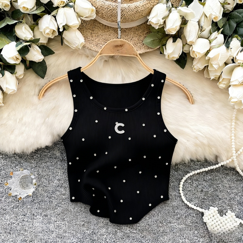 Débardeur court en maille côtelée extensible blanc pour femme, décontracté, d'été, avec détails en strass, sans manches, col rond