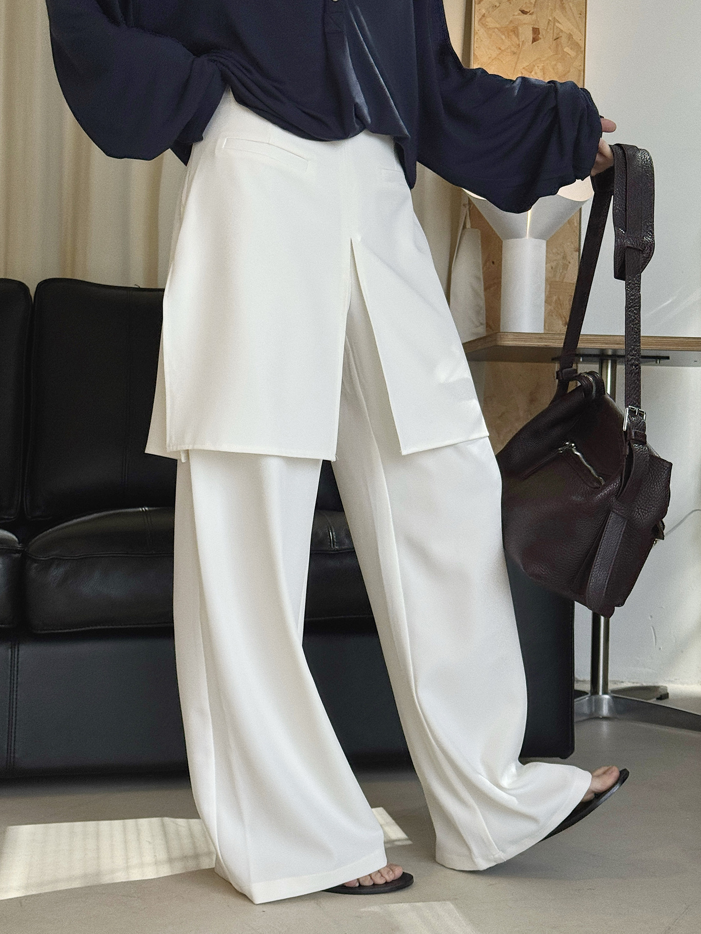 Nouveauté été : Pantalon décontracté coréen déstructuré à superpositions non amovibles, coupe droite, effet lisse, pour femme