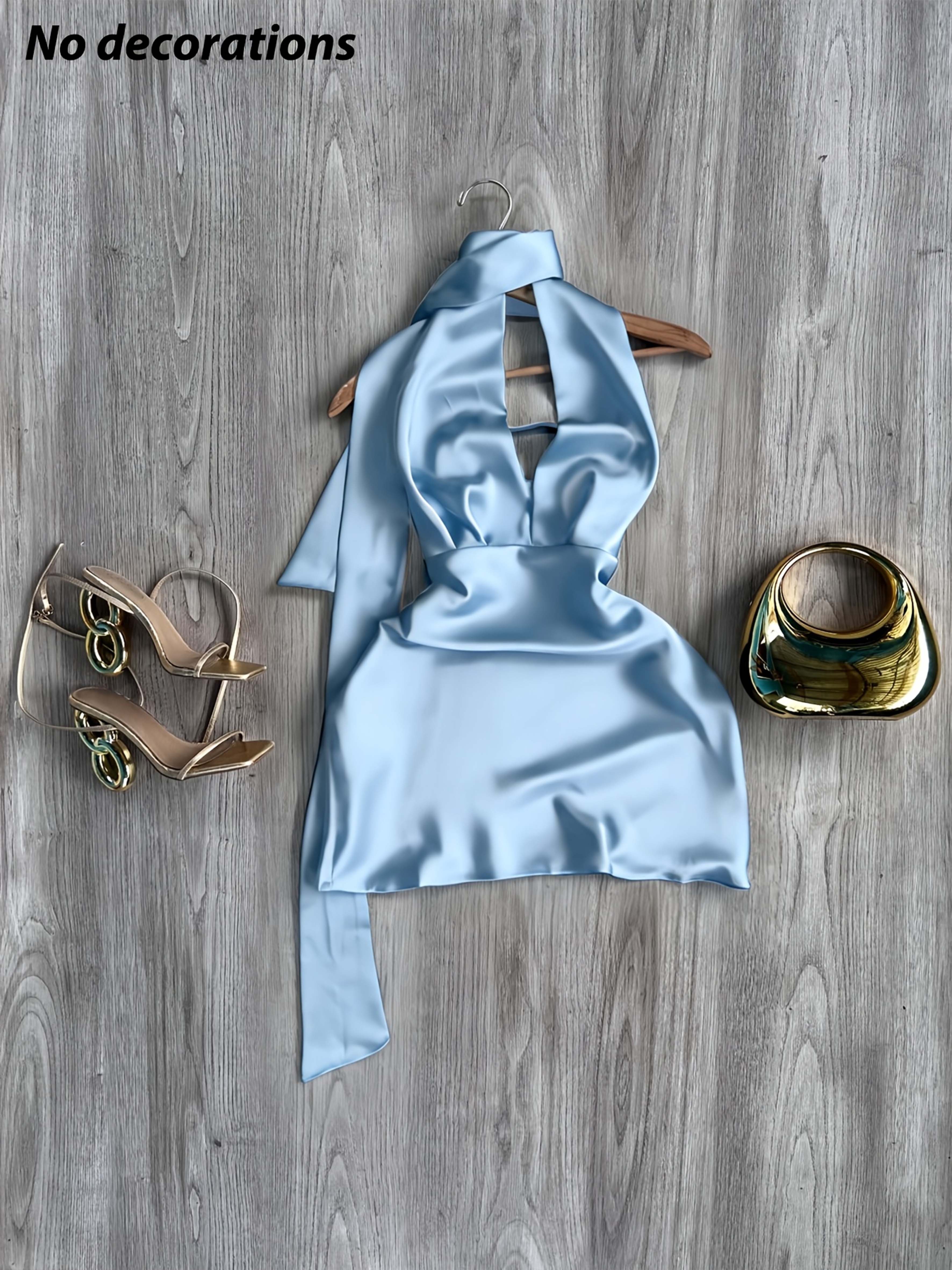 Robe en satin pour femme toutes saisons, dos nu, à nouer à la taille, design élégant en satin pailleté, idéale pour les vacances et le quotidien