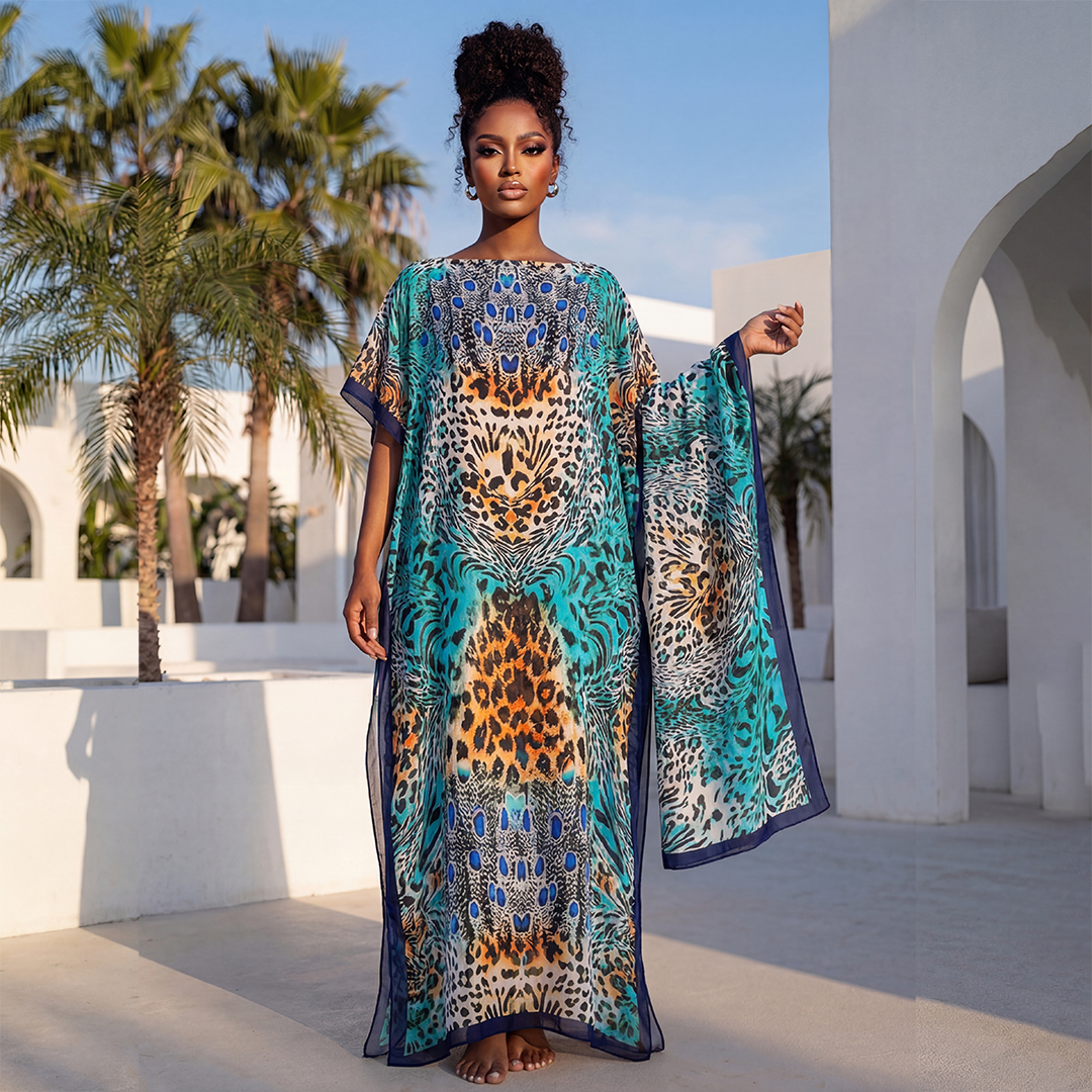 NOUVELLE Robe d'été tendance avec grande écharpe, Kaftan Dubaï Turquie, Abaya ample musulmane, Robe décontractée africaine à imprimé léopard pour femme