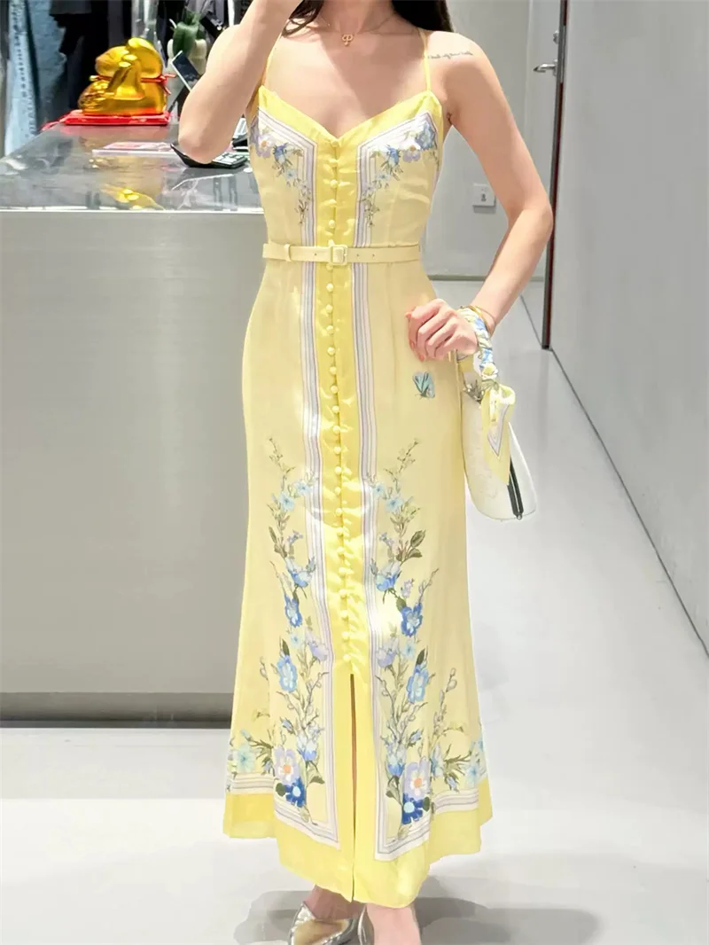 Robe longue d'été pour femme, nouvelle collection, imprimé floral, boutons sur le devant, avec ceinture, coupe ajustée, sans manches, style camisole