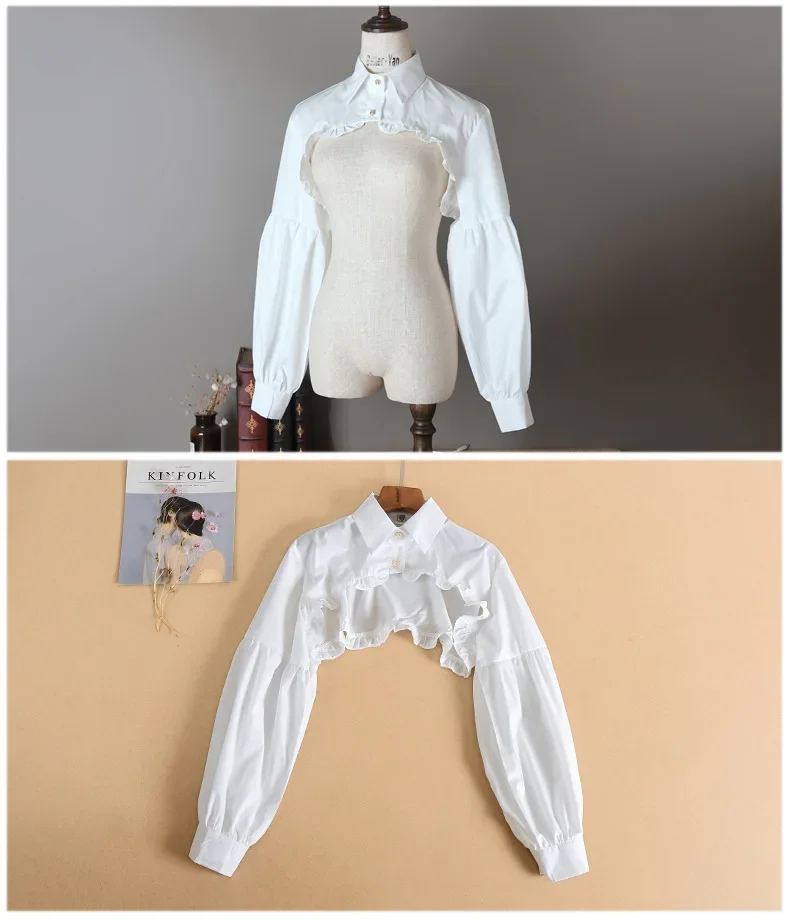 T-shirt manches longues bouffantes pour femmes, haut court, chemisier, bouton à volants, col étalé détachable, pull, accessoires décoratifs