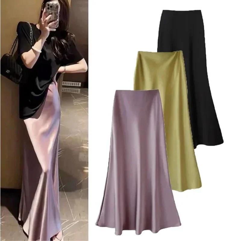 2025 été dame coréenne élégant Satin tissu jupes femme solide taille haute mi-longue robe femmes Chic concepteur mince jupes