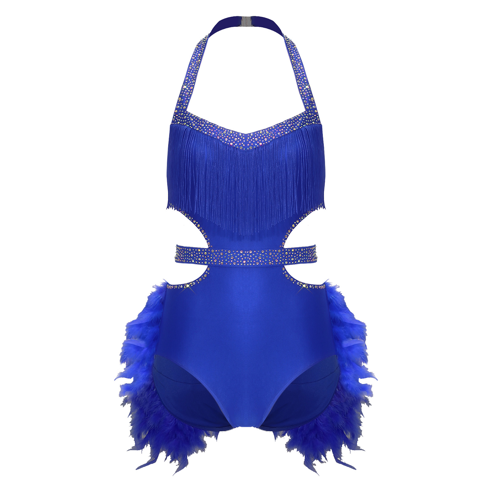 Femmes danse latine Salsa Rumba Samba cha-cha Tango salle de bal justaucorps robe licou découpe strass plume body vêtements de danse