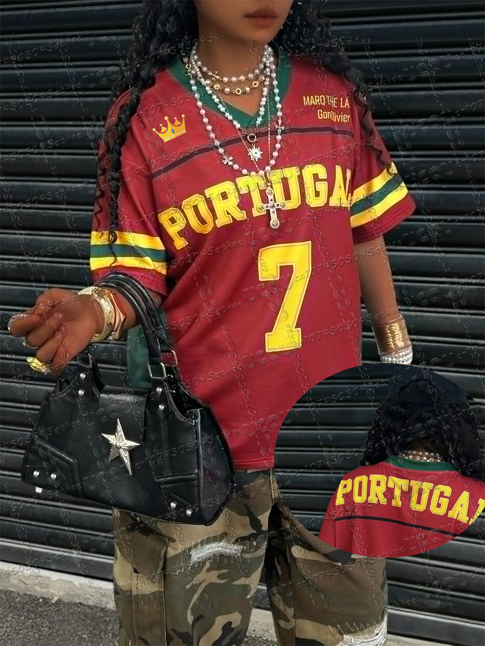 T-Shirt d'été en Jersey de couleur contrastée pour femmes, lettre PORTUGAL imprimée, manches courtes, col en v, ample, mode de rue, haut polyvalent