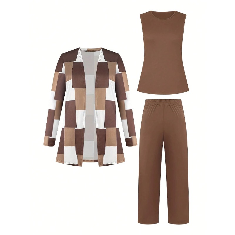 Grande taille nouvelles femmes trois pièces couleur bloquée imprimé ensemble à manches longues Cardigan & débardeur et pantalons longs femmes tenue ensembles