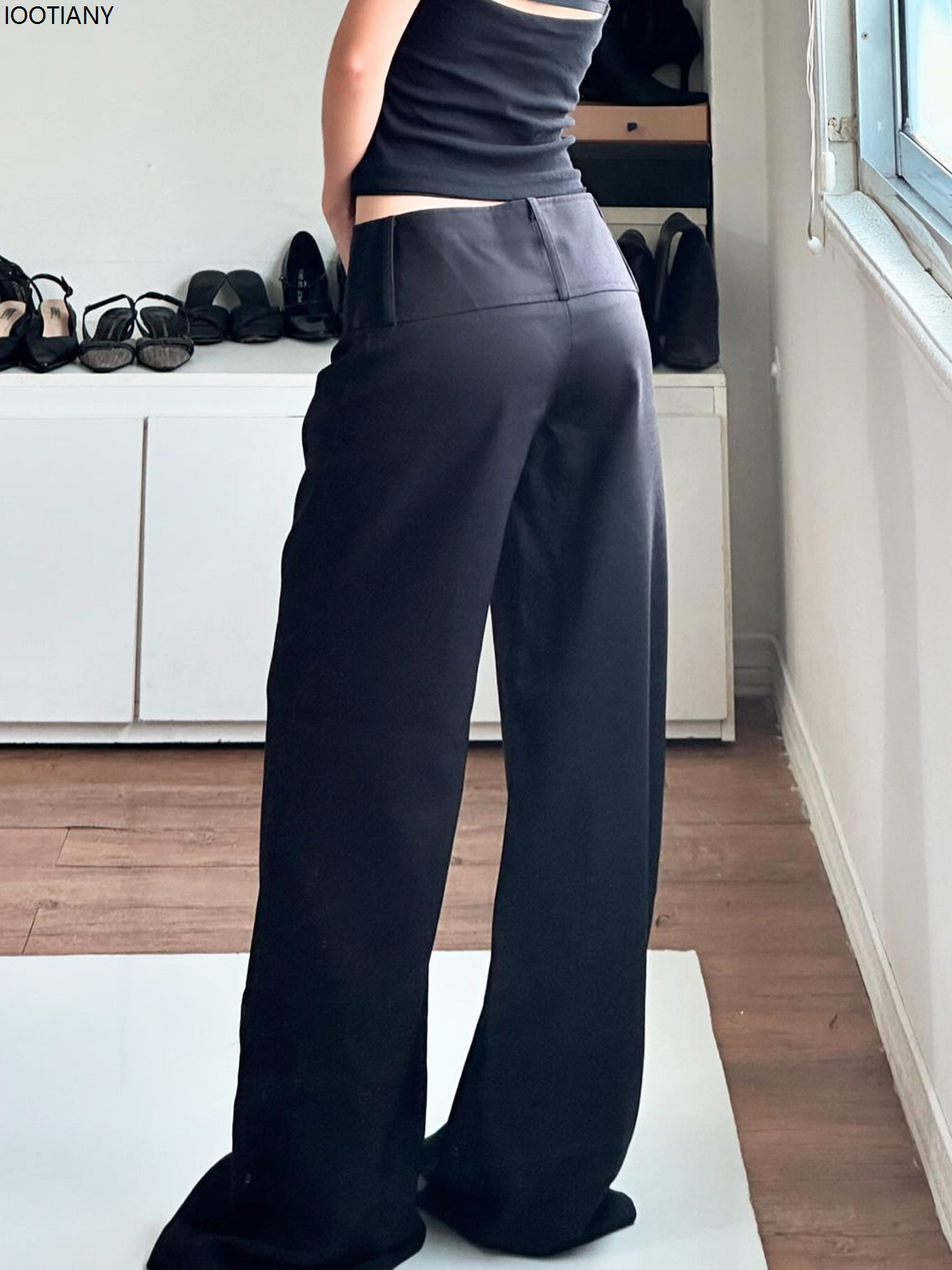 Pantalon de costume noir à jambes larges pour femmes, Style coréen, taille basse, décontracté, ample, mode de rue Y2k, pantalon basique polyvalent
