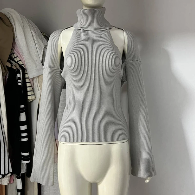 Ensemble débardeur en tricot à col haut pour Femme, avec gilet à manches longues et châle, costumes 2 pièces, dos nu, haut en tricot Sexy pour Femme