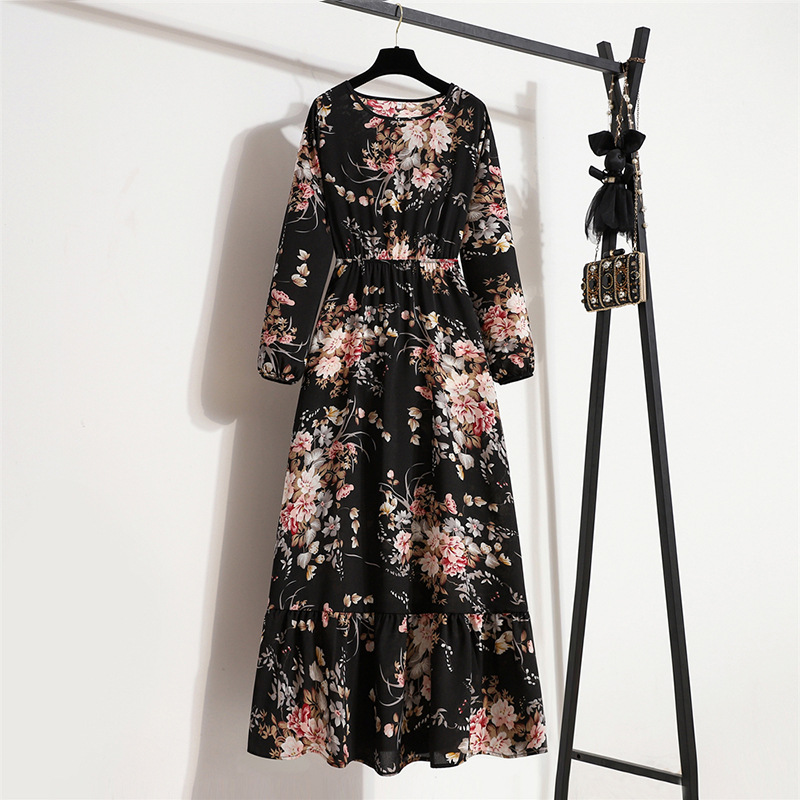 Robe longue en mousseline de soie pour femmes, manches longues, style bohème décontracté, taille haute, pour la plage, motif floral, automne
