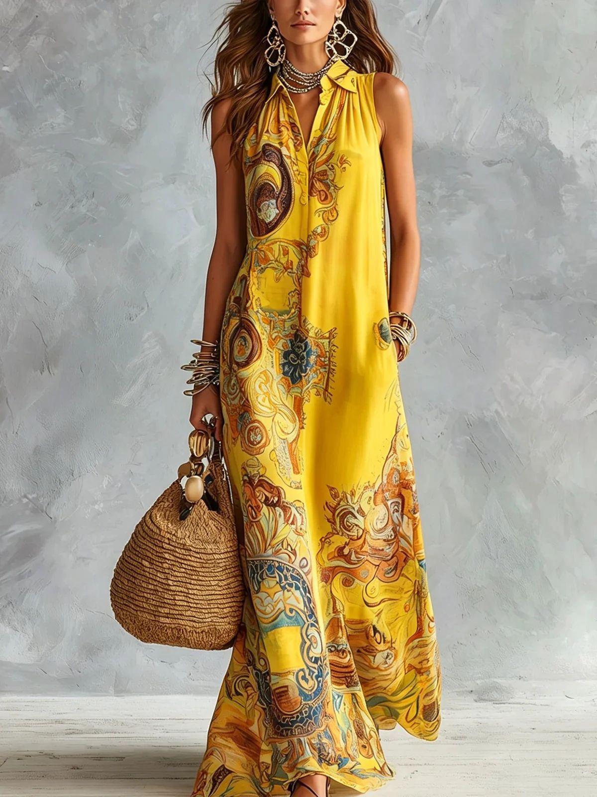 Robe longue élégante sans manches pour femme, imprimé numérique, col rabattu, simple boutonnage, fluide, décontractée, style bohème, été, Vestido