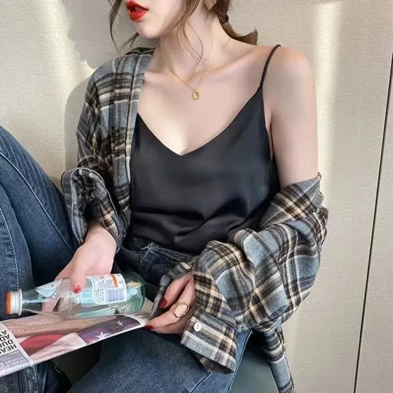 Haut en Satin Long Type Inj-Like pour Femme, Camisole à Bretelles, Sexy, Vert, Blanc, Vintage, Vêtements pour Dame