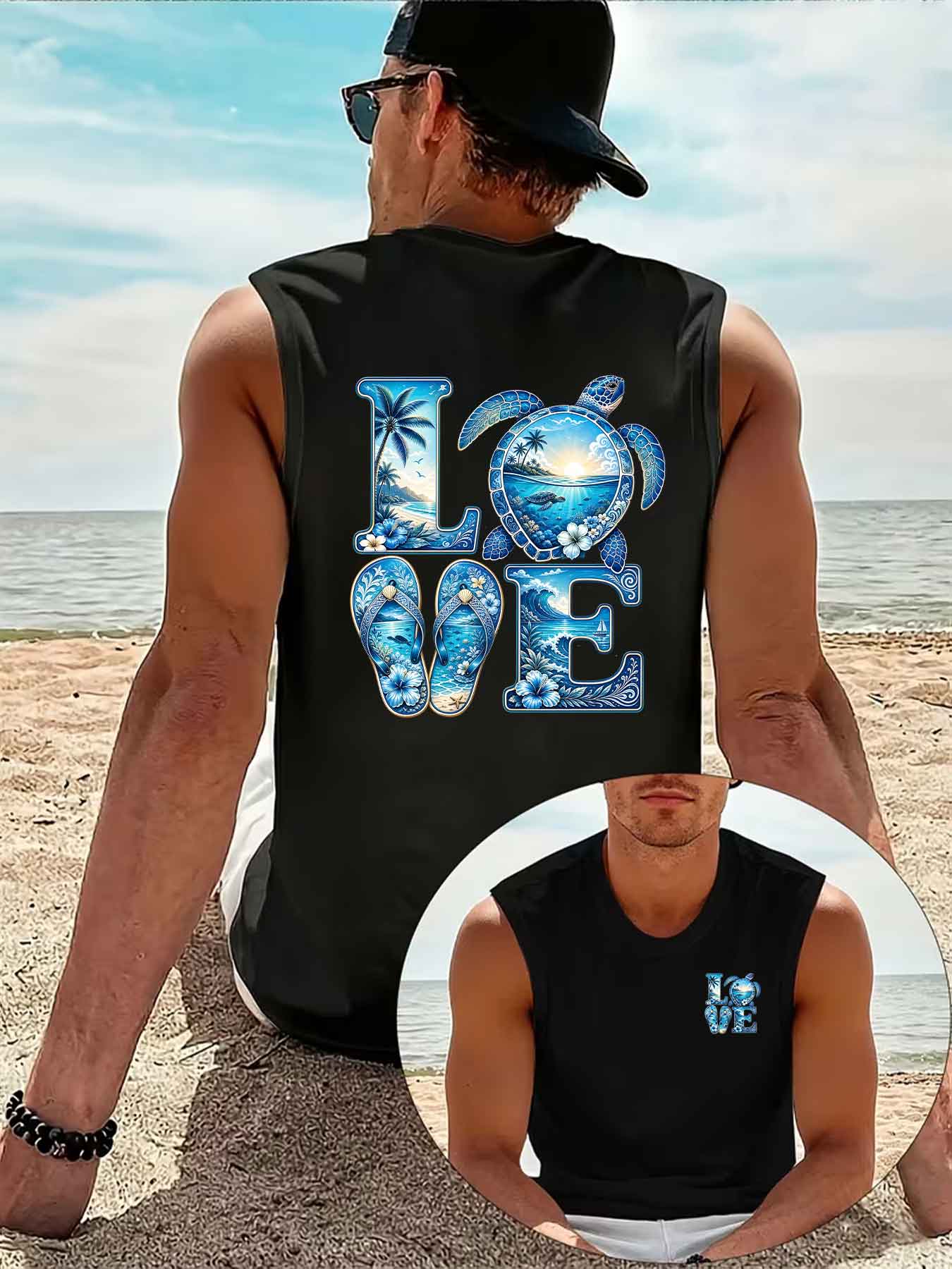 Débardeur Homme Sans Manches pour Vacances à la Plage, Motif LOVE Tortue de Mer, Palmier Tropical, Vague et Tongs, Coupe Ample, Été, Sport