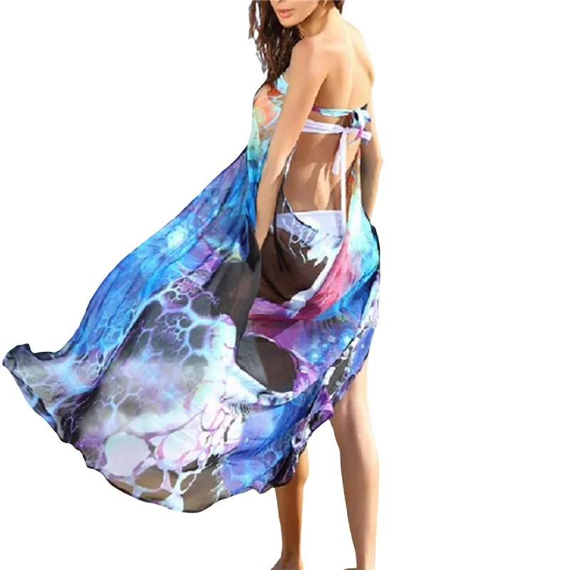 Robe de plage longue sans manches et sans bretelles pour femmes, style tie-dye jaune, bleu et noir, par Bikini Beach Cover Ups.