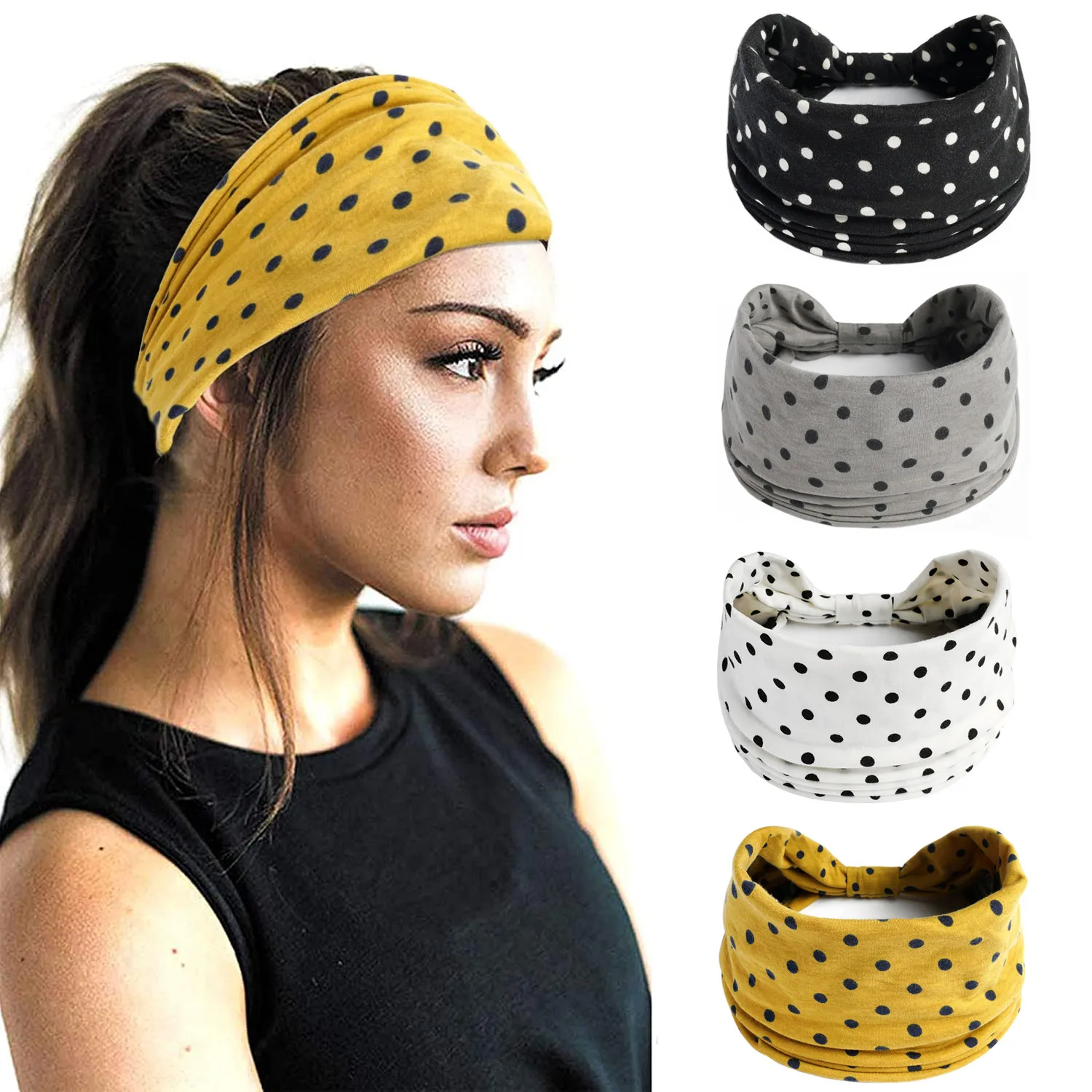 Grands bandeaux pour femmes à pois noués bandeau Turban Yoga entraînement bandeaux Boho Stretch coton Bandana cheveux accessoires