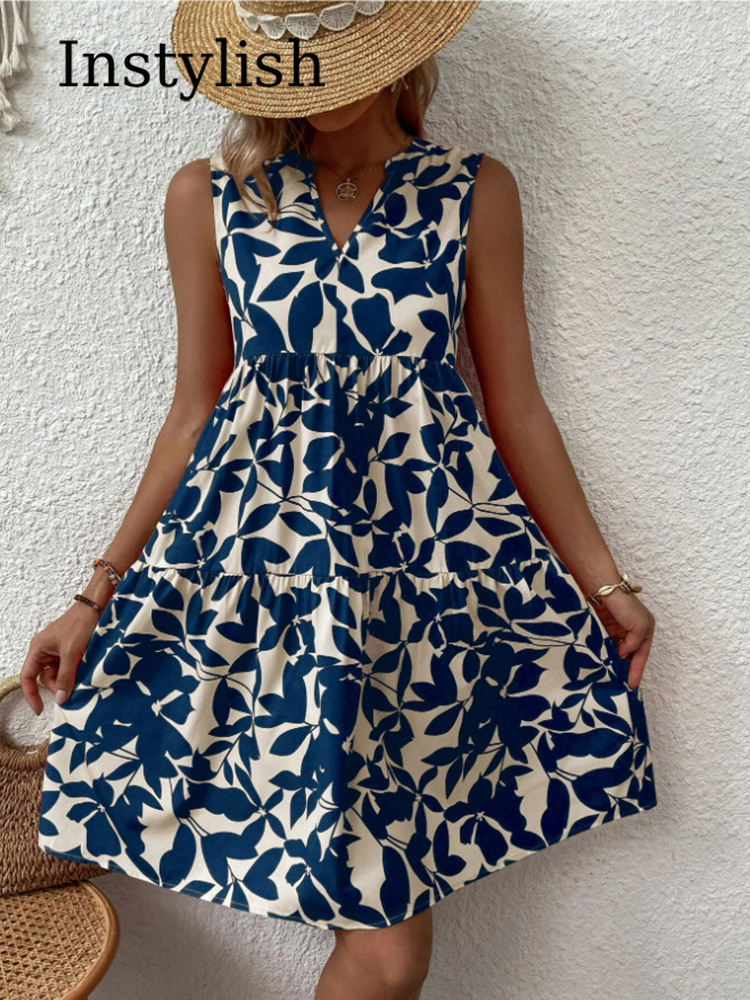Femmes Boho imprimé Mini robe été élégant sans manches col en V à volants une ligne débardeur décontracté ample surdimensionné plage fête robe d'été