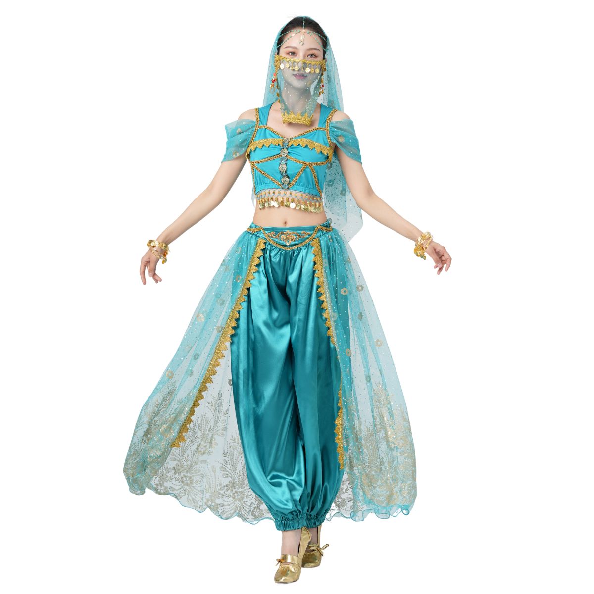Costumes de spectacle de danse du ventre pour femmes, costume pantalon de princesse Aladdin Jasmine, vêtements de fête, tenue de danse