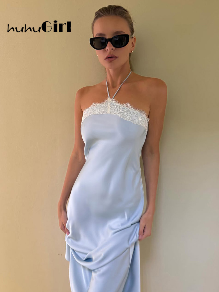 Robes Midi Chic Décontractées Lumineuses pour Femmes, Style Urbain Français, avec Dentelle et Patchwork, Col Montant, Coupe Moulante, Sans Manches, Douces, pour l'Été
