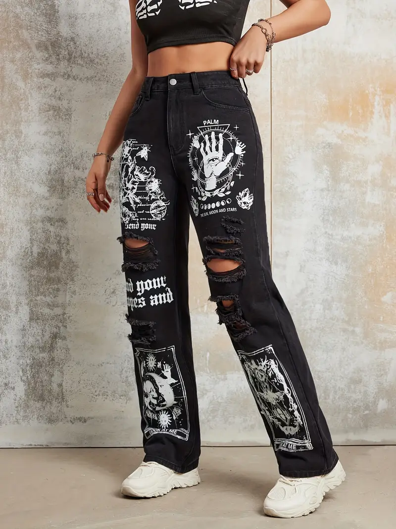 2025 nouveau Style femmes jean femmes printemps et automne nouvelle vente chaude rue INS même Style imprimé déchiré jean droit