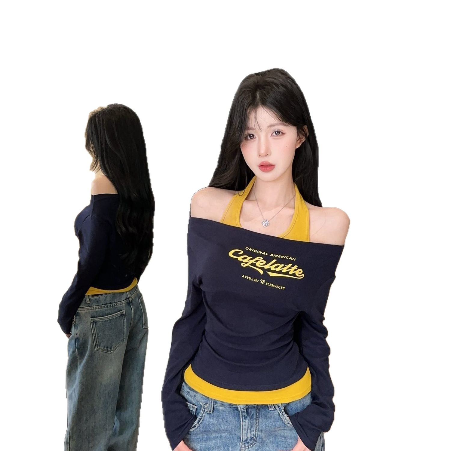 T-shirt à manches longues pour femme, nouvelle collection printemps-automne, coupe ajustée, col contrastant, imprimé lettres sur l'épaule