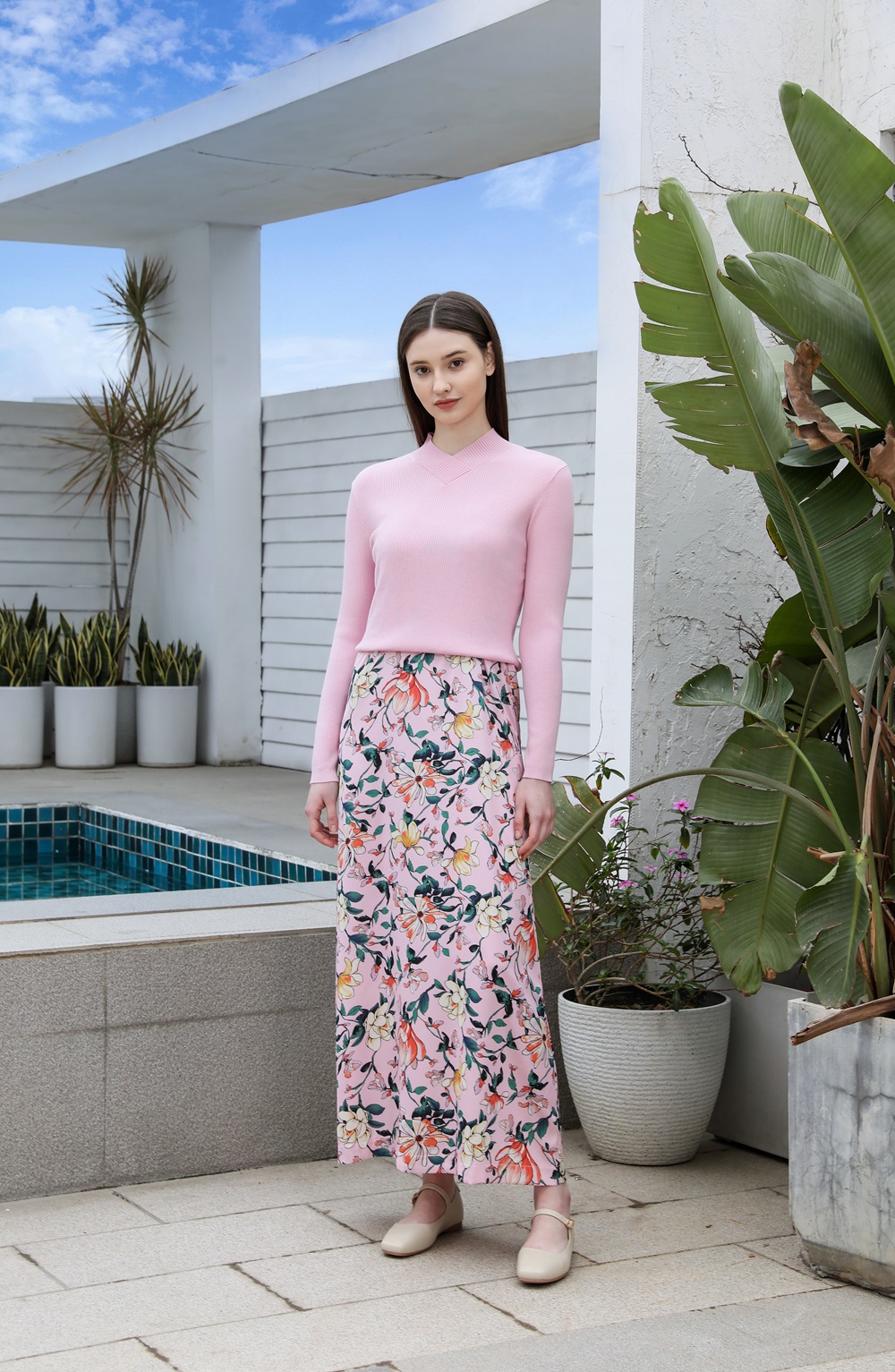 AP 2025SS – robe en Satin à fleurs pour femmes, rose clair, tricot, col en v, pull, jupe élégante pour dames