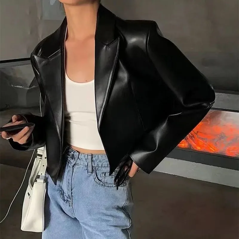 FANAN femmes veste en cuir Vintage américain rue revers court noir PU Biker manteaux femme 2025 automne mode culture hauts manteaux