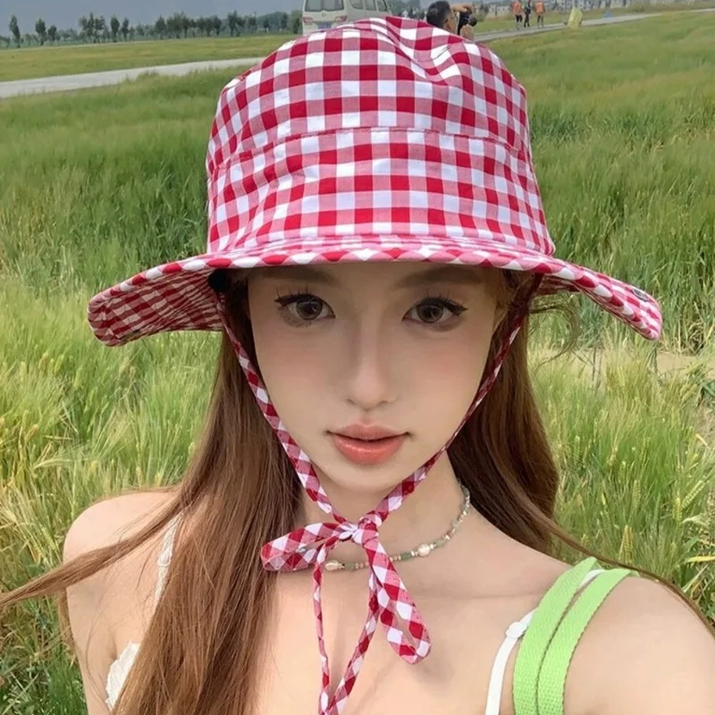 Chapeaux Bob Vintage à Carreaux pour Femme, Polyvalents, Style Pêcheur avec Lacets, Grande Bordure, Protection Solaire UV pour l'Été