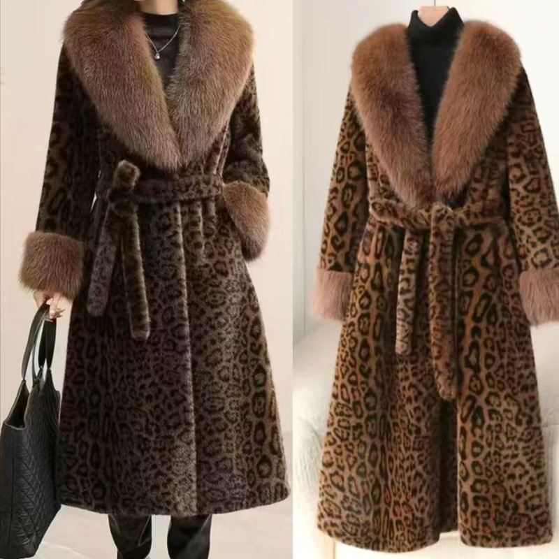 Manteau femme 2025 hiver nouveau manteau ample imprimé léopard Long manteau de tempérament intégré à la mode col de fourrure pour dames WLF