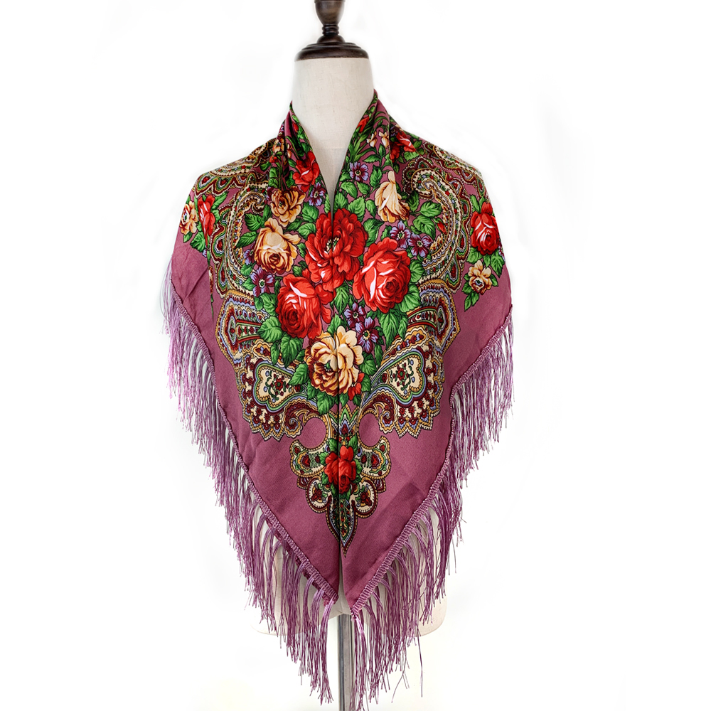 Foulard carré russe imprimé Floral de luxe pour femmes, châle traditionnel ukrainien à franges, Bandana Babushka, 115x115cm