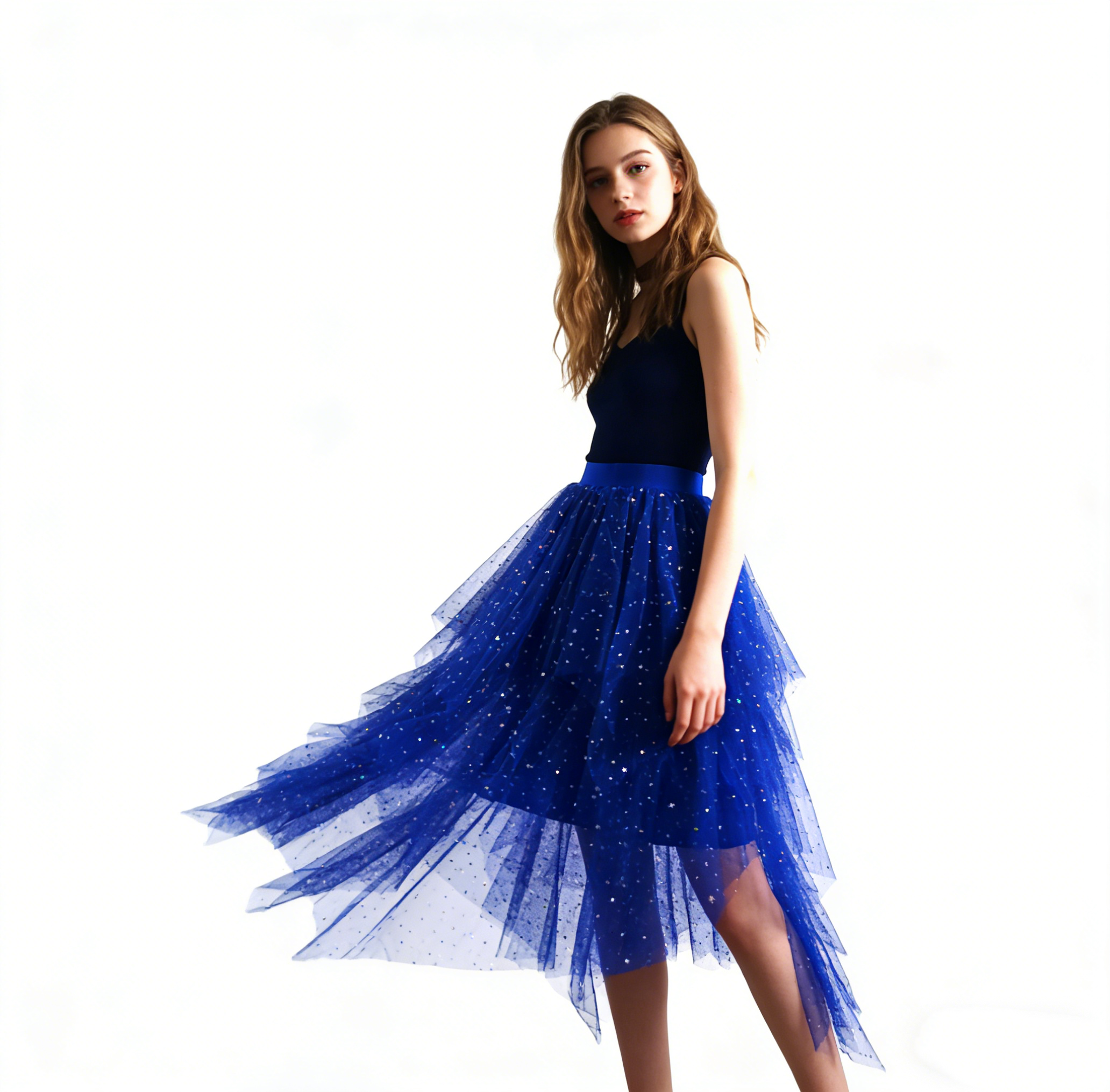 Jupe en tulle à sequins pour soirée de bal, jupe asymétrique à volants scintillante pour femme, jupe en tulle à volants pour spectacle de danse et fête