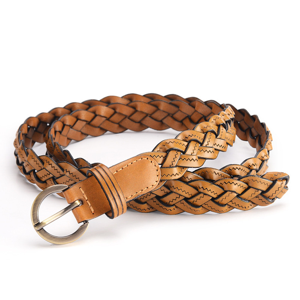 Ceinture en cuir pour femmes, avec boucle ronde dorée tressée, ceinture fine décontractée pour étudiantes, accessoires de vêtements pour dames