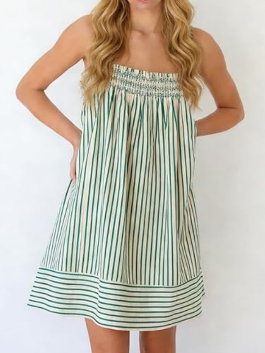 Robe Courte Bohème Rayée pour Femme, Bretelles Fines, Fluide, Dos Nu, Imprimée, Idéale pour les Vacances d'Été