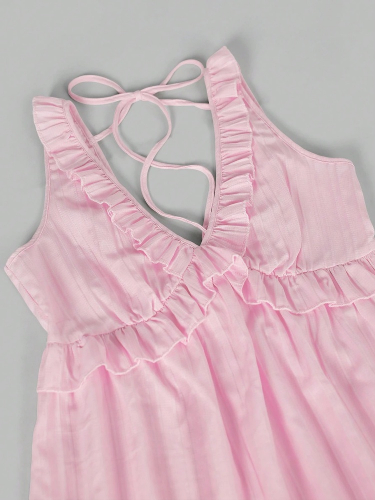 Robe Courte Texturée Femme à Bretelles Fines, Col en V, Rose Uni, Semi-Élégante, Sexy, Décontractée, avec Volants et Nœud au Dos pour l'Été