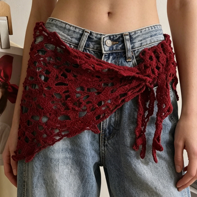 Écharpe triangulaire Y2K ajourée à franges pour femme, accessoire de superposition ajustable pour le printemps, polyvalente, à porter en ceinture ou à la hanche, tendance