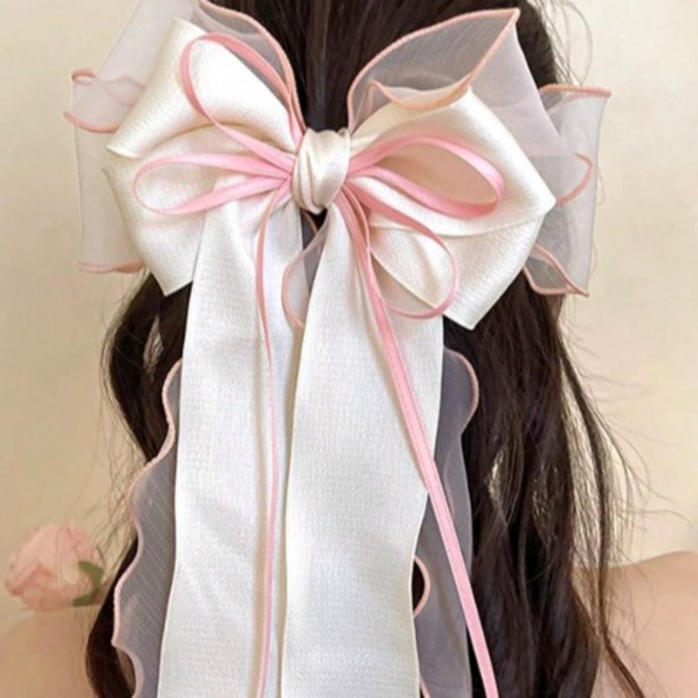 1 pièce Pince à cheveux élégante et mignonne avec nœud en organza, grand tulle à volants et pompons en satin, idéale pour coiffures gothiques vintage et événements