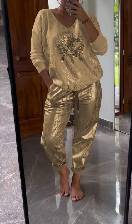 Ensemble pantalon 2 pièces, col en v, manches longues, pull à paillettes, haut à lacets, pantalon droit, costume, nouveaux vêtements pour femmes