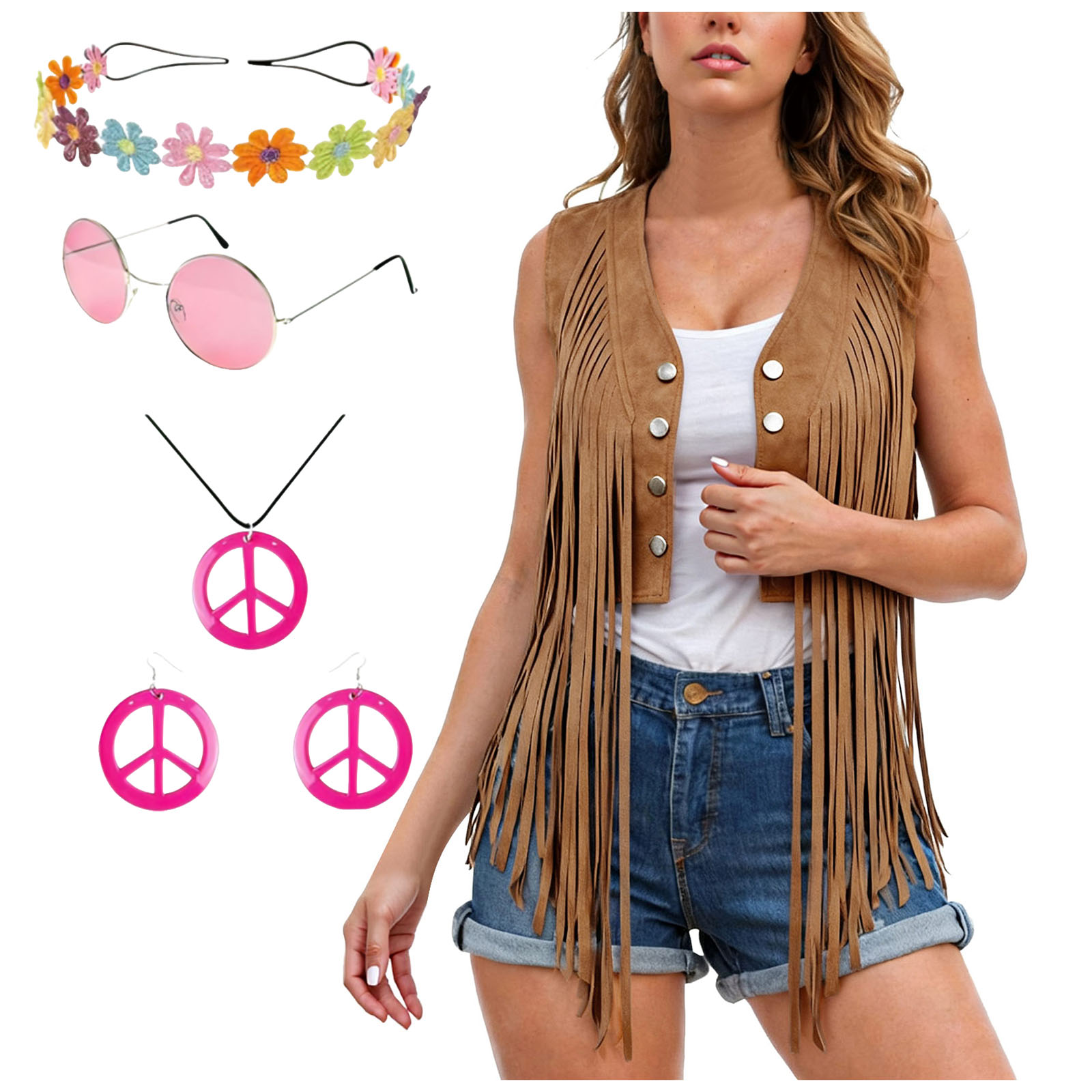 Costume hippie années 60-70 pour femmes, veste à franges, bandeau, lunettes de soleil, collier, boucles d'oreilles, tenue pour soirée dansante, disco, rave