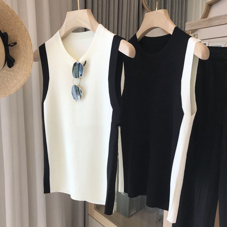 Soie glacée noir blanc contraste sans manches tricoté débardeur sauvage col en V gilet hauts et t-shirts vêtements pour femmes Camis décontractés