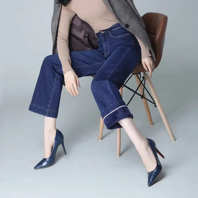 Jean d'hiver pour femme en velours chaud, coupe large, extensible, en denim, pantalon droit 2026, doublé polaire, idéal pour le froid, Jean Mujer