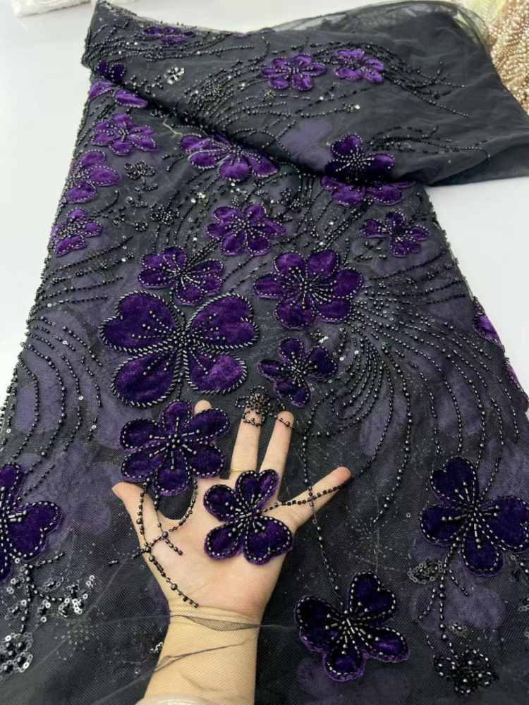 Robe de mariée française en dentelle à fleurs 3D, tissu africain nigérian en dentelle brodée de paillettes perlées pour fête de mariage A1080