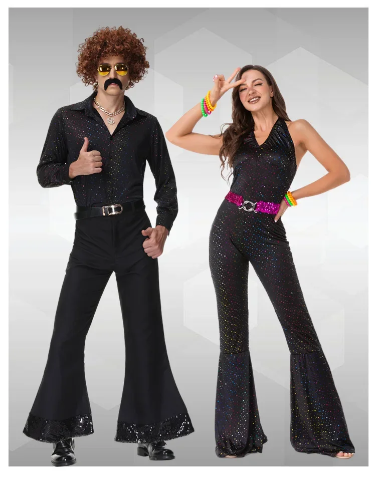 Costume de Couple Disco des années 70, Costumes de Cosplay d'halloween, Costume Hippies Vintage des années 80 pour hommes et femmes, tenues de fête de Festival de musique